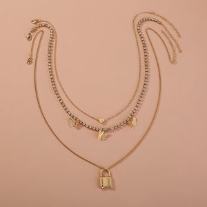 Fashion Elegant Plated Gold Lock Butterfly Pendant with Cubic Zirconia and Multilayer Necklace