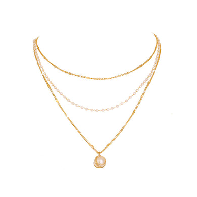 Simple and Elegant Plated Gold Geometric Imitation Pearl Pendant with Beaded Multilayer Necklace