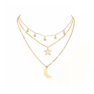 Fashion Simple Plated Gold Moon Star Pendant with Layered Necklace