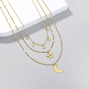 Fashion Simple Plated Gold Moon Star Pendant with Layered Necklace