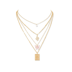 Fashion Temperament Plated Gold Rose Pattern Geometric Square Butterfly Pendant with Multilayer Necklace
