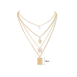 Fashion Temperament Plated Gold Rose Pattern Geometric Square Butterfly Pendant with Multilayer Necklace