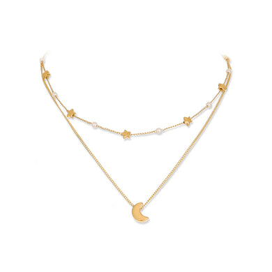 Fashion Simple Plated Gold Moon Pendant with Star Imitation Pearl Multilayer Necklace