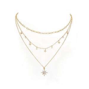 Fashion Simple Plated Gold Star Pendant with Cubic Zirconia and Layered Necklace