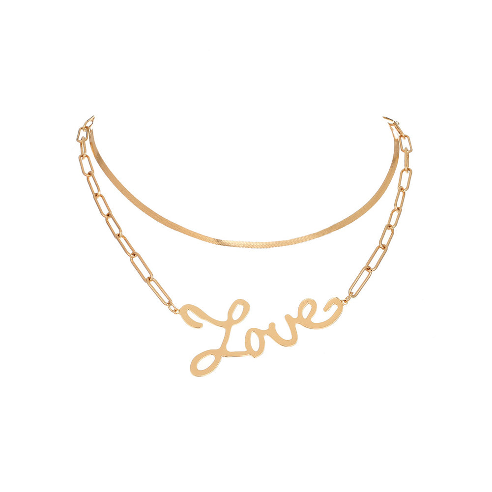 Simple Temperament Plated Gold LOVE Alphabet Pendant with Double Necklace