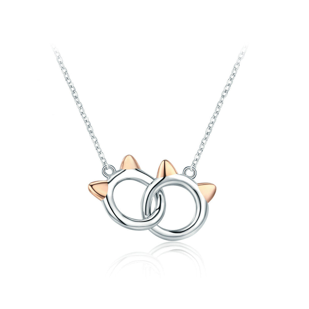 925 Sterling Silver Simple Cute Double Cat Pendant with Necklace