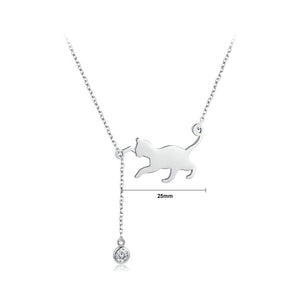 925 Sterling Silver Fashion Cute Cat Tassel Cubic Zirconia Pendant with Necklace