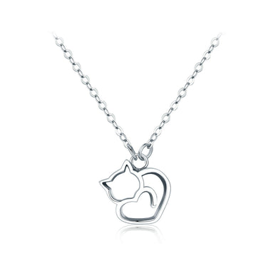 925 Sterling Silver Simple and Cute Hollow Cat Heart Pendant with Necklace