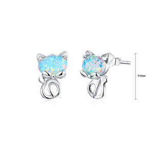 925 Sterling Silver Simple Cute Cat Opal Stud Earrings