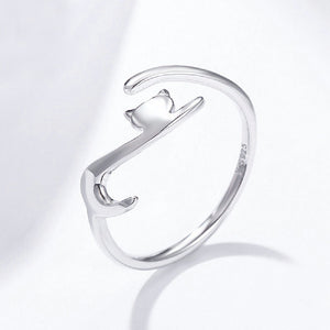 925 Sterling Silver Cute Sweet Cat Geometric Adjustable Open Ring