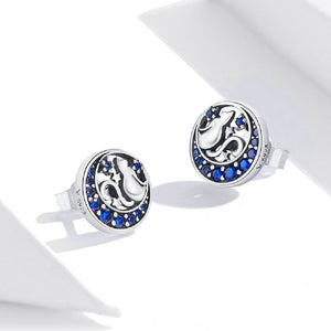 925 Sterling Silver Simple Fashion Cat Moon Stud Earrings with Blue Cubic Zirconia
