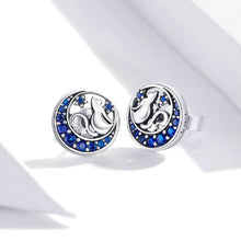 Load image into Gallery viewer, 925 Sterling Silver Simple Fashion Cat Moon Stud Earrings with Blue Cubic Zirconia