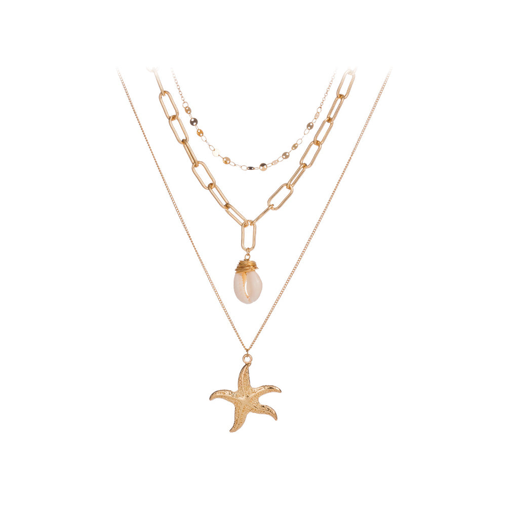 Fashion Simple Plated Gold Starfish Shell Pendant with Layered Necklace