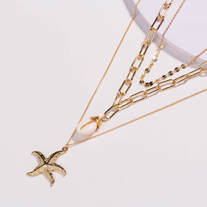 Fashion Simple Plated Gold Starfish Shell Pendant with Layered Necklace