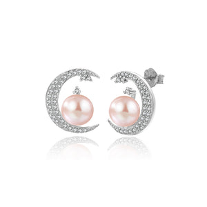 925 Sterling Silver Fashion Simple Moon Purple Freshwater Pearl Stud Earrings with Cubic Zirconia