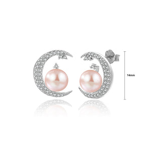 925 Sterling Silver Fashion Simple Moon Purple Freshwater Pearl Stud Earrings with Cubic Zirconia