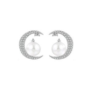 925 Sterling Silver Fashion Simple Moon White Freshwater Pearl Stud Earrings with Cubic Zirconia