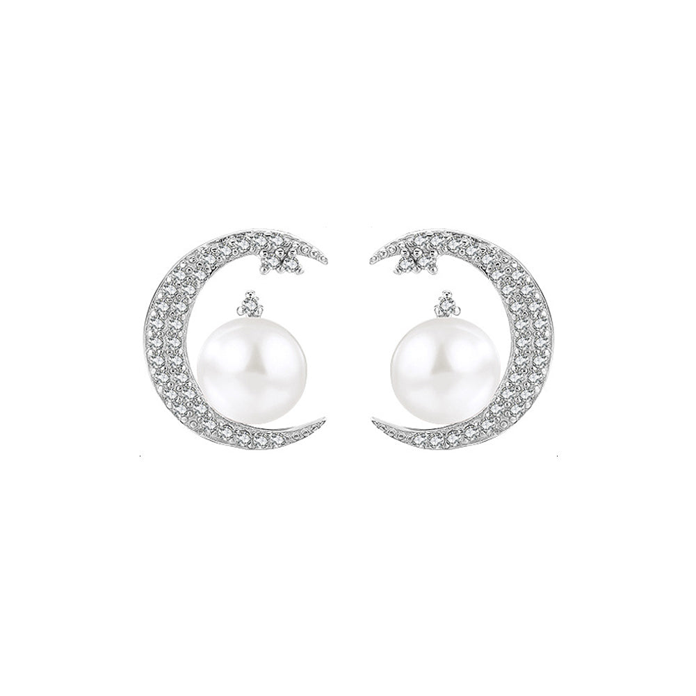 925 Sterling Silver Fashion Simple Moon White Freshwater Pearl Stud Earrings with Cubic Zirconia