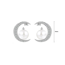 Load image into Gallery viewer, 925 Sterling Silver Fashion Simple Moon White Freshwater Pearl Stud Earrings with Cubic Zirconia