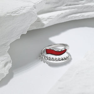 925 Sterling Silver Simple Fashion Red Enamel Stripe Irregular Geometric Adjustable Open Ring