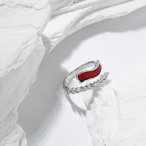 925 Sterling Silver Simple Fashion Red Enamel Stripe Irregular Geometric Adjustable Open Ring