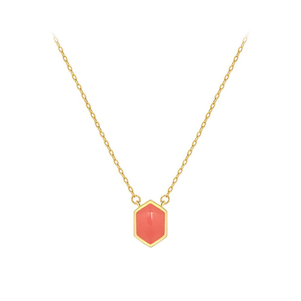 925 Sterling Silver Plated Gold Fashion Simple Orange Enamel Hexagon Geometric Pendant with Necklace