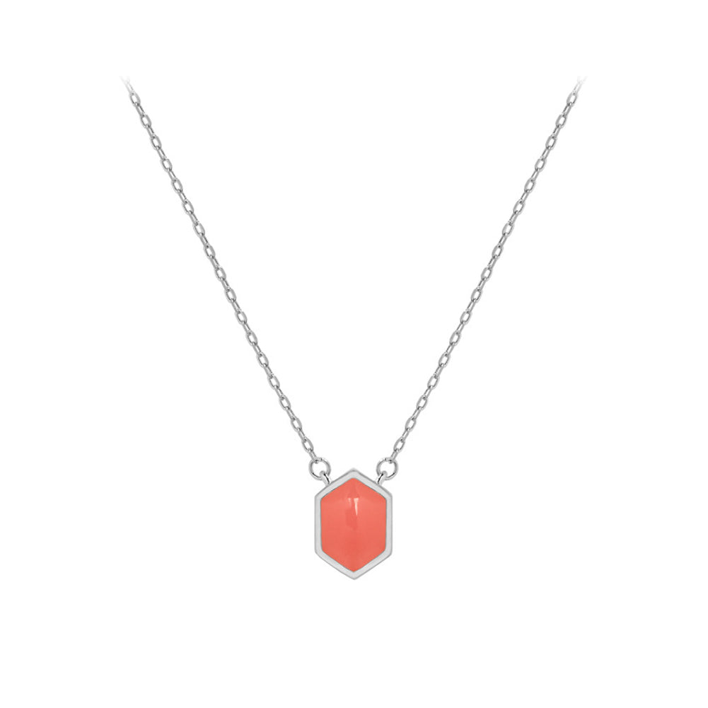925 Sterling Silver Fashion Simple Orange Enamel Hexagon Geometric Pendant with Necklace