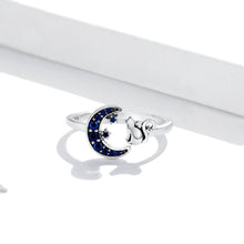 Load image into Gallery viewer, 925 Sterling Silver Simple Cute Cat Moon Adjustable Open Ring with Blue Cubic Zirconia