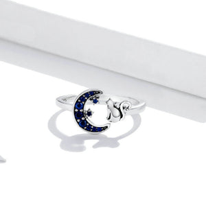925 Sterling Silver Simple Cute Cat Moon Adjustable Open Ring with Blue Cubic Zirconia