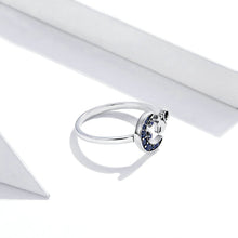 Load image into Gallery viewer, 925 Sterling Silver Simple Cute Cat Moon Adjustable Open Ring with Blue Cubic Zirconia