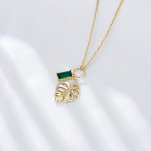 925 Sterling Silver Plated Gold Fashion Temperament Leaf Green Cubic Zirconia Pendant with Necklace