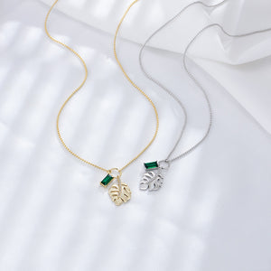 925 Sterling Silver Plated Gold Fashion Temperament Leaf Green Cubic Zirconia Pendant with Necklace