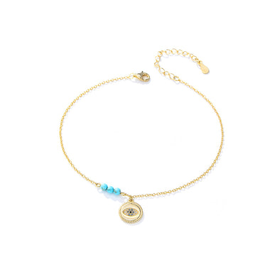 925 Sterling Silver Plated Gold Simple Personality Devil's Eye Turquoise Anklet with cubic Zirconia