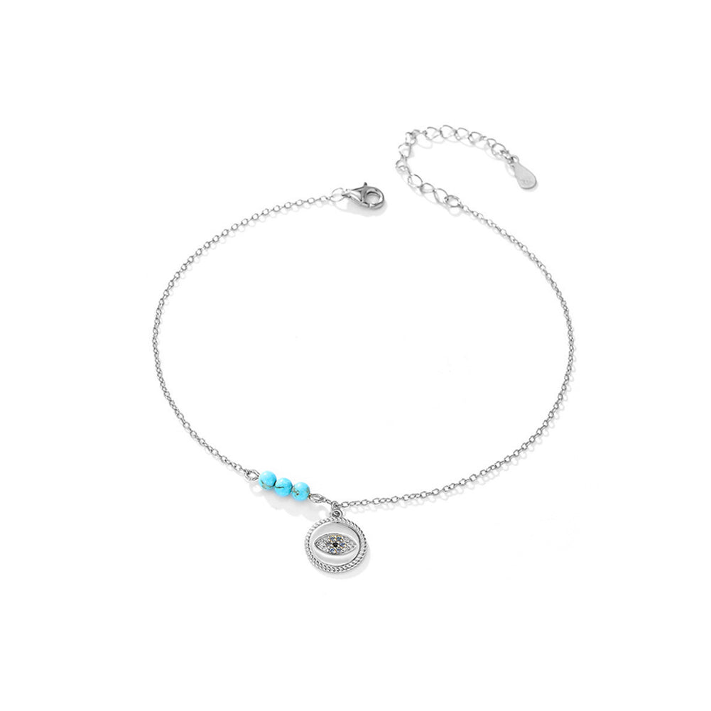 925 Sterling Silver Simple Personality Devil's Eye Turquoise Anklet with cubic Zirconia