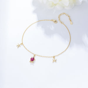 925 Sterling Silver Plated Gold Simple Cute Turtle Starfish Anklet with Cubic Zirconia