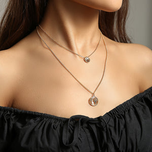 Fashion Simple Plated Gold Hollow Map Geometric Round Pendant with Double Layer Necklace