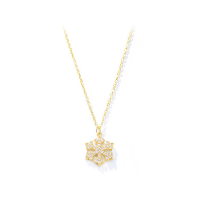 925 Sterling Silver Plated Gold Fashion Simple Snowflake Pendant with Cubic Zirconia and Necklace