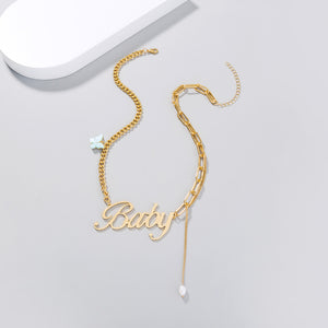Fashion Exaggerated Plated Gold Alphabet Baby Butterfly Imitation Pearl Tassel Necklace
