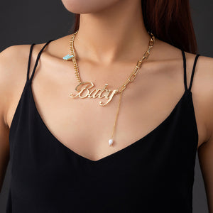 Fashion Exaggerated Plated Gold Alphabet Baby Butterfly Imitation Pearl Tassel Necklace