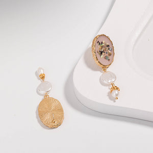 Fashion Elegant Plated Gold Shell Colorful Pattern Geometric Oval Earrings with Imitation Pearls