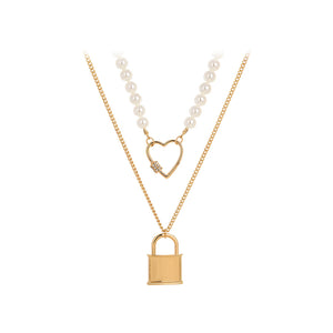 Fashion and Elegant Plated Gold Lock Hollow Heart Cubic Zirconia Pendant with Imitation Pearl Beaded Double Necklace