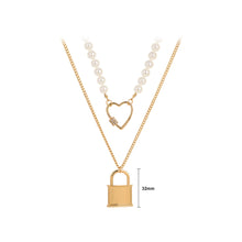 Load image into Gallery viewer, Fashion and Elegant Plated Gold Lock Hollow Heart Cubic Zirconia Pendant with Imitation Pearl Beaded Double Necklace