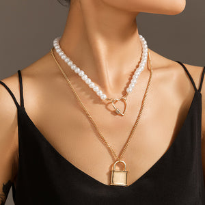 Fashion and Elegant Plated Gold Lock Hollow Heart Cubic Zirconia Pendant with Imitation Pearl Beaded Double Necklace