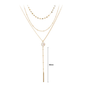 Simple Fashion Plated Gold Geometric Round Tassel Pendant with Imitation Pearls and Layered Necklace