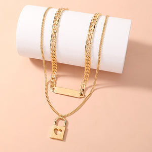 Fashion Simple Plated Gold Hollow Heart Lock Geometric Pendant with Double Layer Necklace