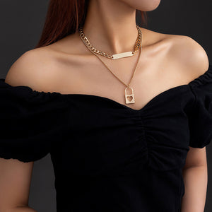 Fashion Simple Plated Gold Hollow Heart Lock Geometric Pendant with Double Layer Necklace
