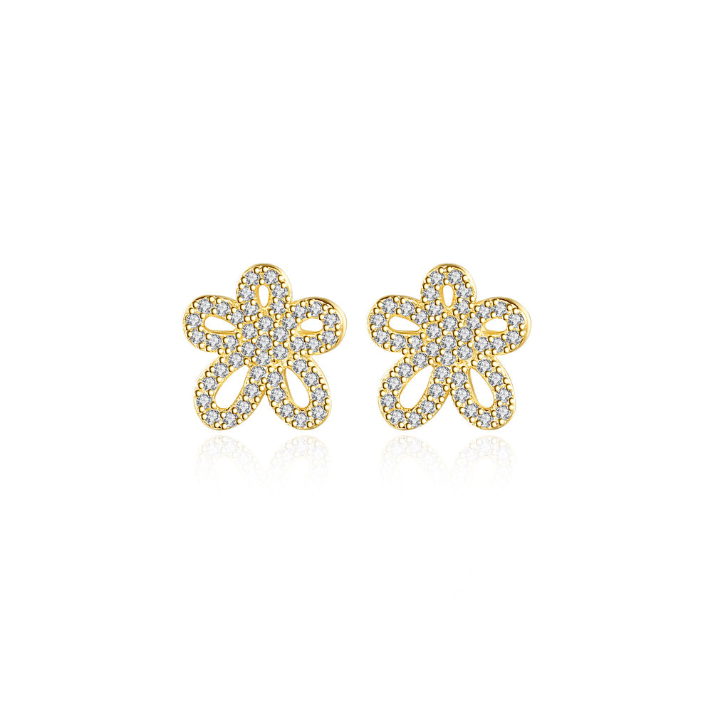 925 Sterling Silver Plated Gold Fashion Simple Flower Stud Earrings with Cubic Zirconia