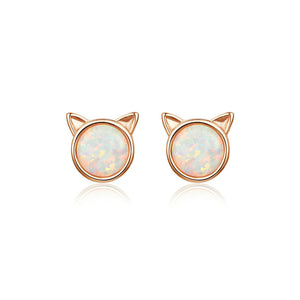 925 Sterling Silver Plated Rose Gold Simple Cute Cat Opal Stud Earrings