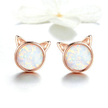 Load image into Gallery viewer, 925 Sterling Silver Plated Rose Gold Simple Cute Cat Opal Stud Earrings