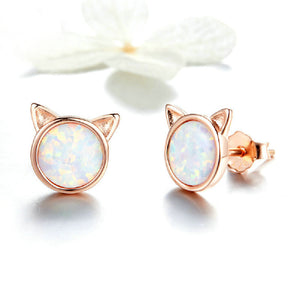 925 Sterling Silver Plated Rose Gold Simple Cute Cat Opal Stud Earrings